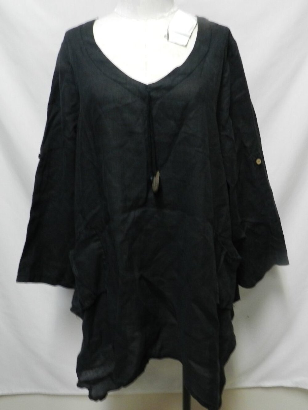 Catwalk Studio Lagenlook Ramie tunic top blouse black Pockets Size Medium Md M